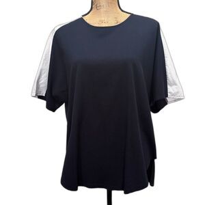 Madewell Oxford Panel Split Back Tee Shirt‎ Navy Blue Pinstripe Size Large